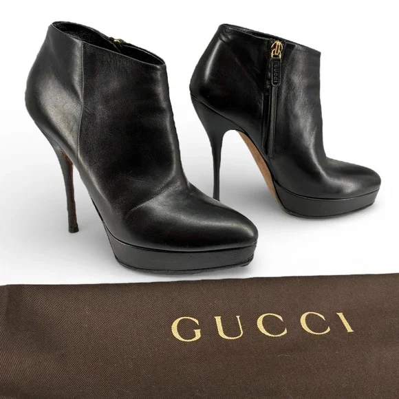 Black Nappa Platform Zip Bootie Stiletto Night Out Moto Gucci Steve EU36 - Picture 1 of 12